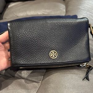 Tory Burch Black Pebbled Leather Zip with Gold Logo
